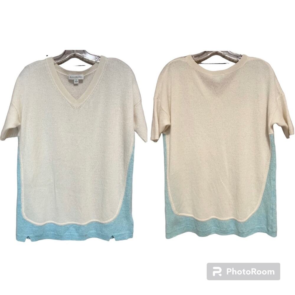 White + Warren 100% Cashmere *Flawed V-Neck Short Sleeve Sweater Cream/Blue Sz M